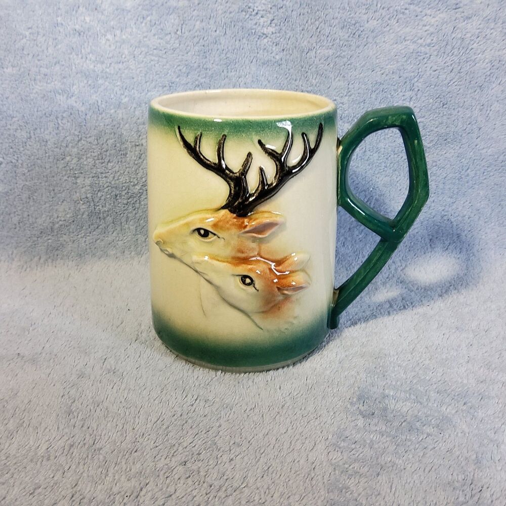 Vintage Deer Buck Doe Mug Relief 3D Wildlife Ceramic Green Trim Geometric Handle
